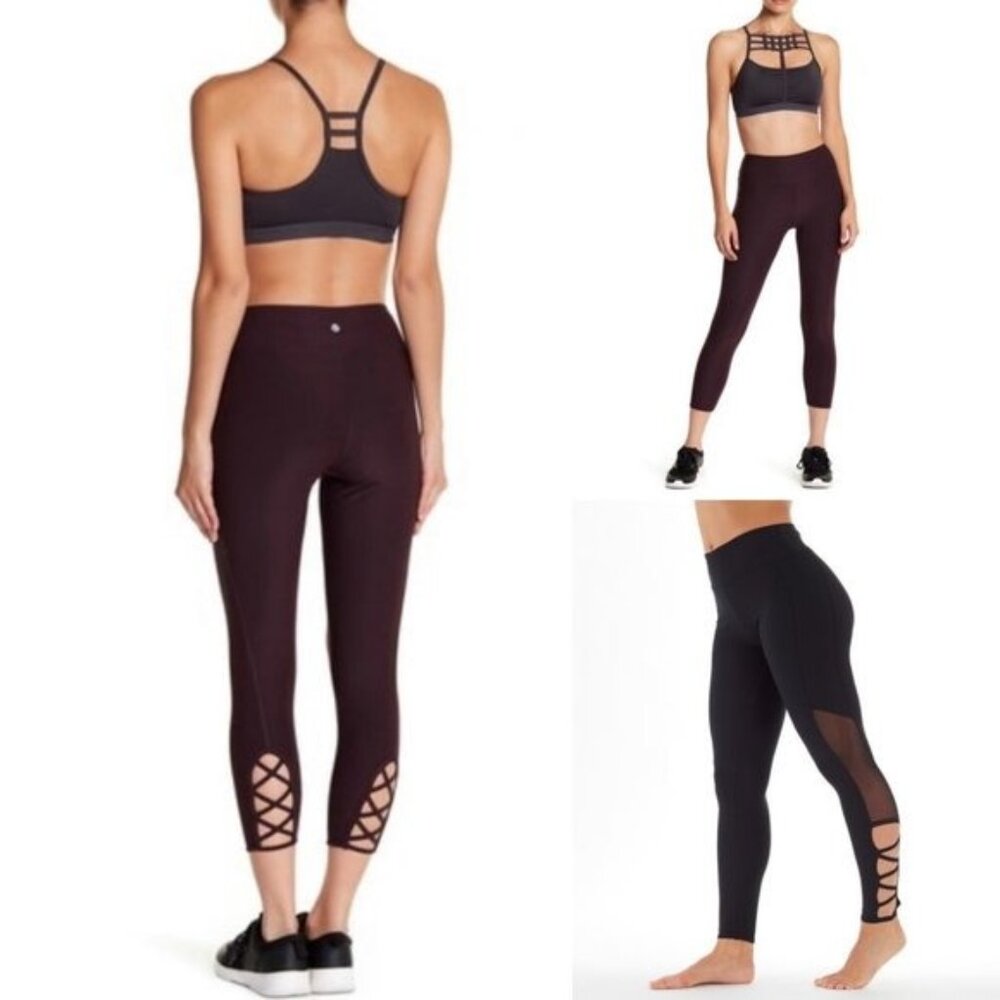 Bally Total Fitness Stella High Waisted Mesh Ankle Leggings Sz Large Blackberry